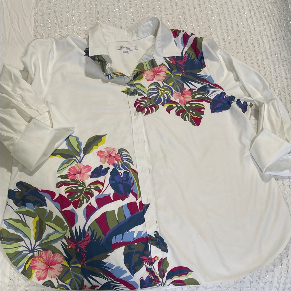 Chico's White Floral Button Down Shirt